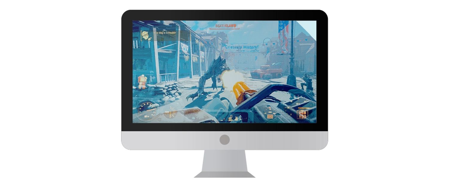 ビデオゲームを画面に表示したMacパソコン